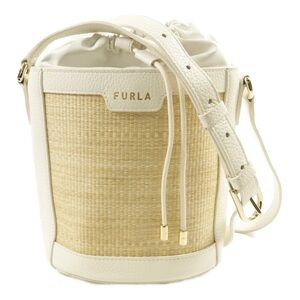 Furla GHW Raffia Shoulder Bag Calfskin Bucket Bag Leather Beige/White